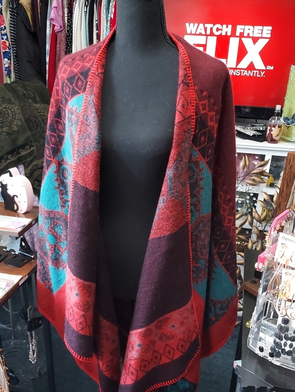 Classic Burgundy & Teal Ethnic-Pattern Cape Poncho